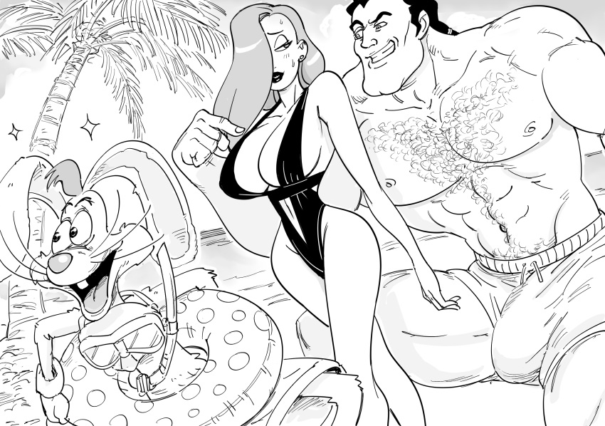 1girls anthro bb_(baalbuddy) beach beauty_and_the_beast black_and_white cheating chest_hair crossover disney disney_villains female gaston hairy_chest hi_res jessica_rabbit male monochrome muscular muscular_male ntr penis_bulge roger_rabbit swimsuit tagme who_framed_roger_rabbit