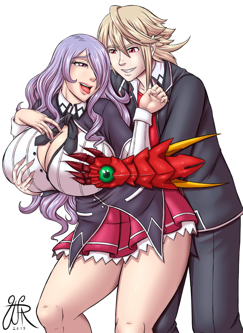 1boy 1girls adoptive_siblings alternate_costume bare_thighs breast_grab breasts brother_and_sister camilla_(fire_emblem) cleavage corrin_(fire_emblem) corrin_(fire_emblem)_(male) cosplay crossover double_breast_grab fire_emblem fire_emblem_fates hair_over_one_eye high_school_dxd huge_breasts hyoudou_issei_(cosplay) long_hair nintendo open_mouth purple_eyes purple_hair rias_gremory_(cosplay) school_uniform schoolgirl skirt smile thick_thighs thighs tongue tongue_out waltherrfa