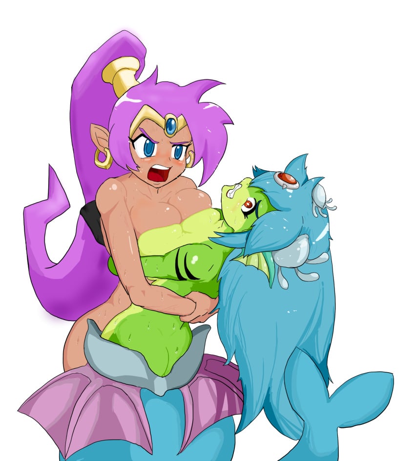 2girls angry bearhug blue_hair catfight dark_skin female female_only fighting giga_mermaid green_skin huge_breasts mermaid multiple_girls mutual_bearhug png ponytail purple_hair shantae shantae_(character) smooth_skin sweat symmetrical_docking titfight white_background wrestling yuri