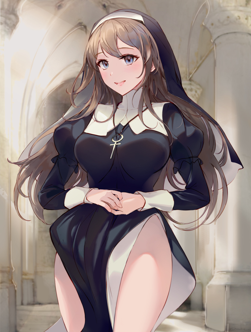 1girls absurd_res bangs blue_eyes blush breasts chowbie cross cross_necklace female habit highres jewelry large_breasts light_brown_hair long_hair looking_at_viewer necklace no_panties nun open_mouth original own_hands_together side_slit solo thighs veil