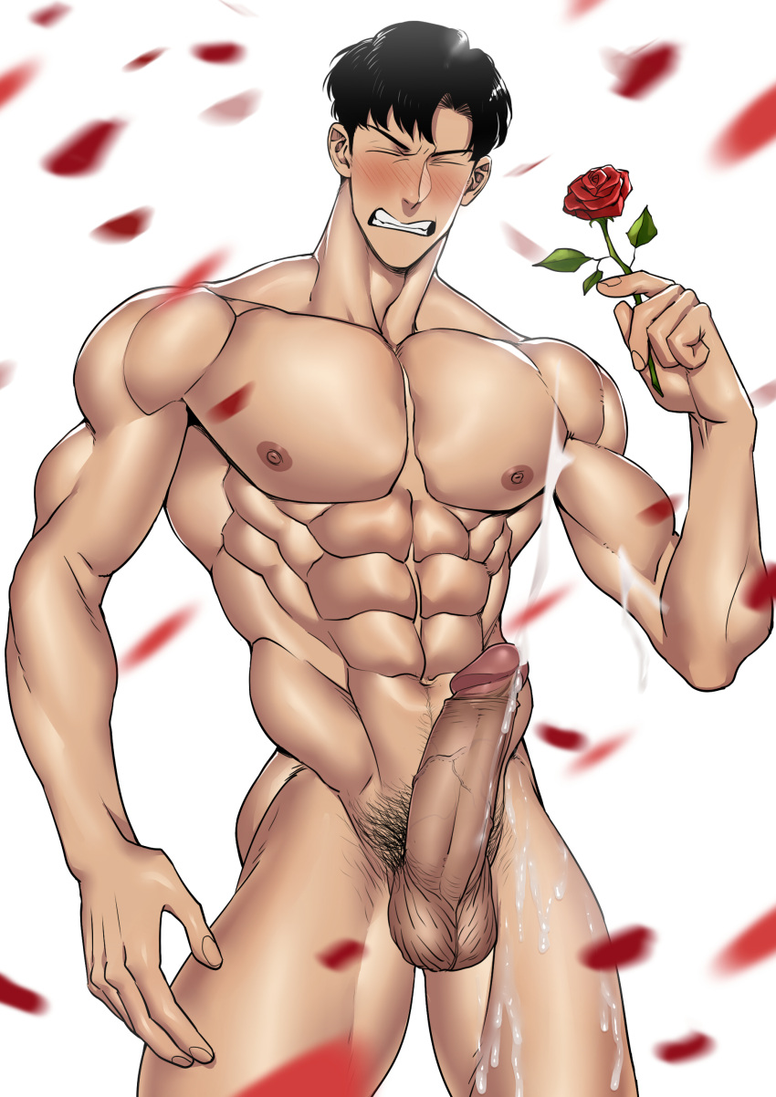 1boy abs bishoujo_senshi_sailor_moon black_hair blush bodily_fluids boner closed_eyes completely_nude cum dripping dripping_cum ejaculating_cum ejaculation erect_penis erection flower genital_fluids genitals gritted_teeth male male_focus male_only mamoru_chiba muscular muscular_male nude nude_male pecs penis pubic_hair rose_(flower) rose_petals solo solo_focus standing straight_hair suyohara tuxedo_mask uncensored vein veiny_penis