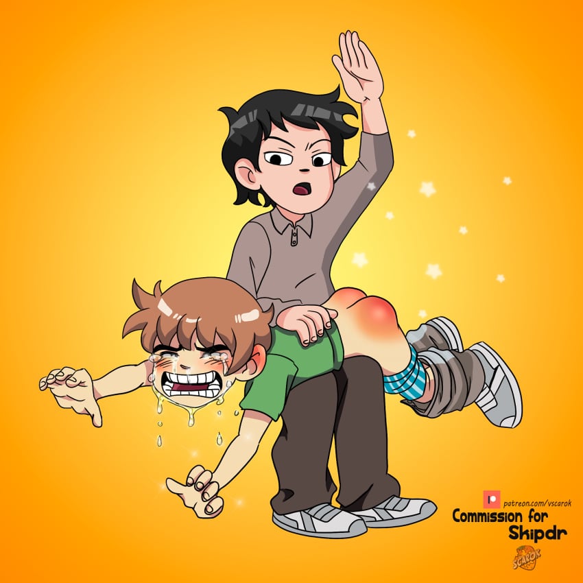 ass ass_up black_hair blush boxers_(clothing) brown_hair crying gay green_ass human male_only orange_background over_the_knee over_the_knee_spanking pants_down scott_pilgrim scott_w_pilgrim spanked spanked_butt spanking tears vscarok wallace_wells