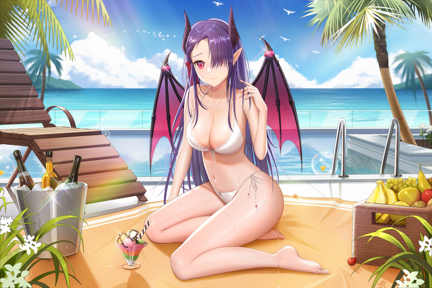 barefoot beach big_breasts bikini demon_horns demon_wings drinks highres ice_cream long_hair looking_at_viewer original poolside purple_hair solo solo_female swimsuit yuhang