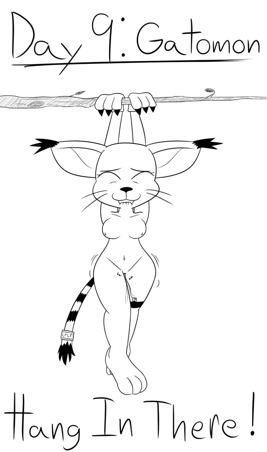 2021 anthro bandai_namco black_and_white breasts claws closed_eyes digimon digimon_(species) english_text felid female full-length_portrait gatomon genitals hang_in_there hi_res himitsu line_art mammal masturbation monochrome nipples nude portrait pussy sex_toy solo suspension text vaginal_masturbation vaginal_penetration vibrator