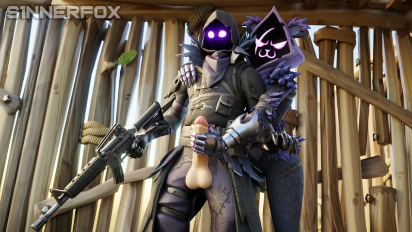 bear bear_ears clothed clothing fortnite furry gun handjob looking_at_partner looking_at_penis penis penis_out raven_(fortnite) raven_team_leader sinnerfox suprised suprised_look tagme