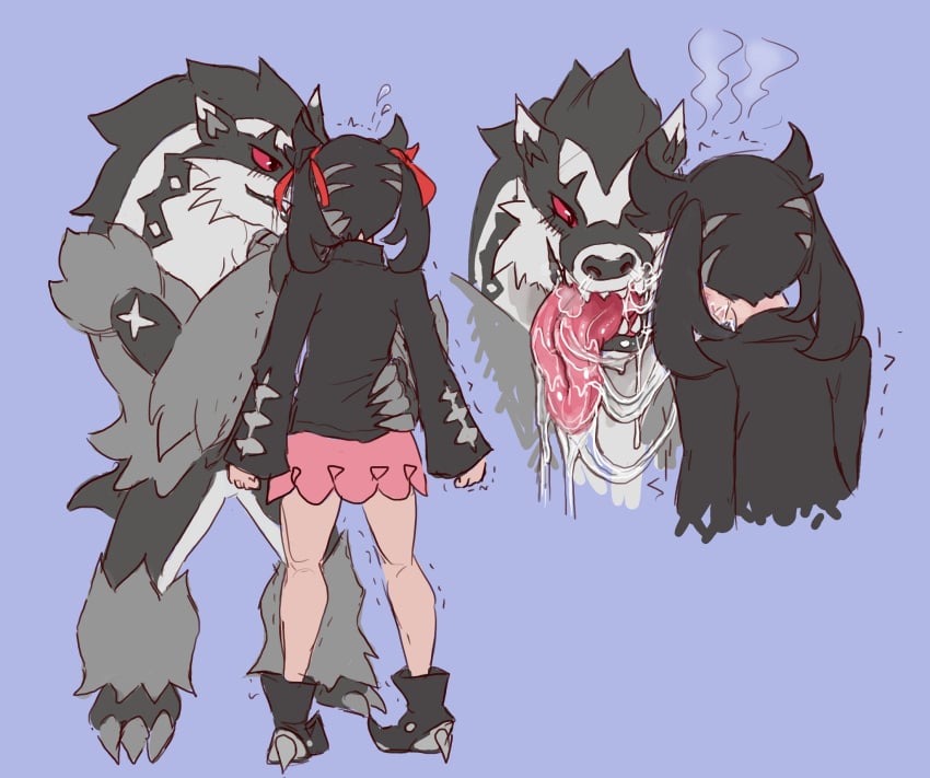 1boy 1girls after_kiss black_hair blush drooling extreme_french_kiss female female_human femsub feral_on_human french_kiss goth goth_girl human kissing long_tongue male male/female male_pokemon male_pokemon/female_human maledom marnie_(pokemon) nintendo obstagoon pokemon pokemon_ss pokephilia saliva saliva_trail skirt teeth tongue tongue_out ungulatr