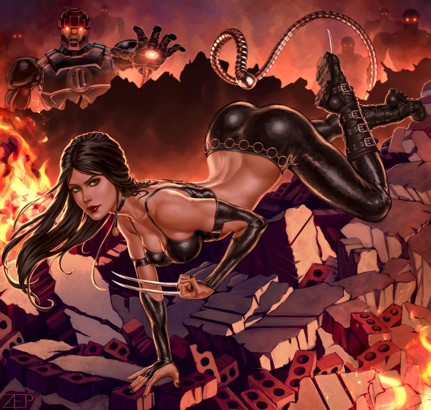 1girls ass black_hair boots bubble_butt cleavage female fully_clothed green_eyes handstand large_breasts laura_kinney long_hair looking_at_viewer marvel marvel_comics sentinel tight_pants x-23 x-men zep