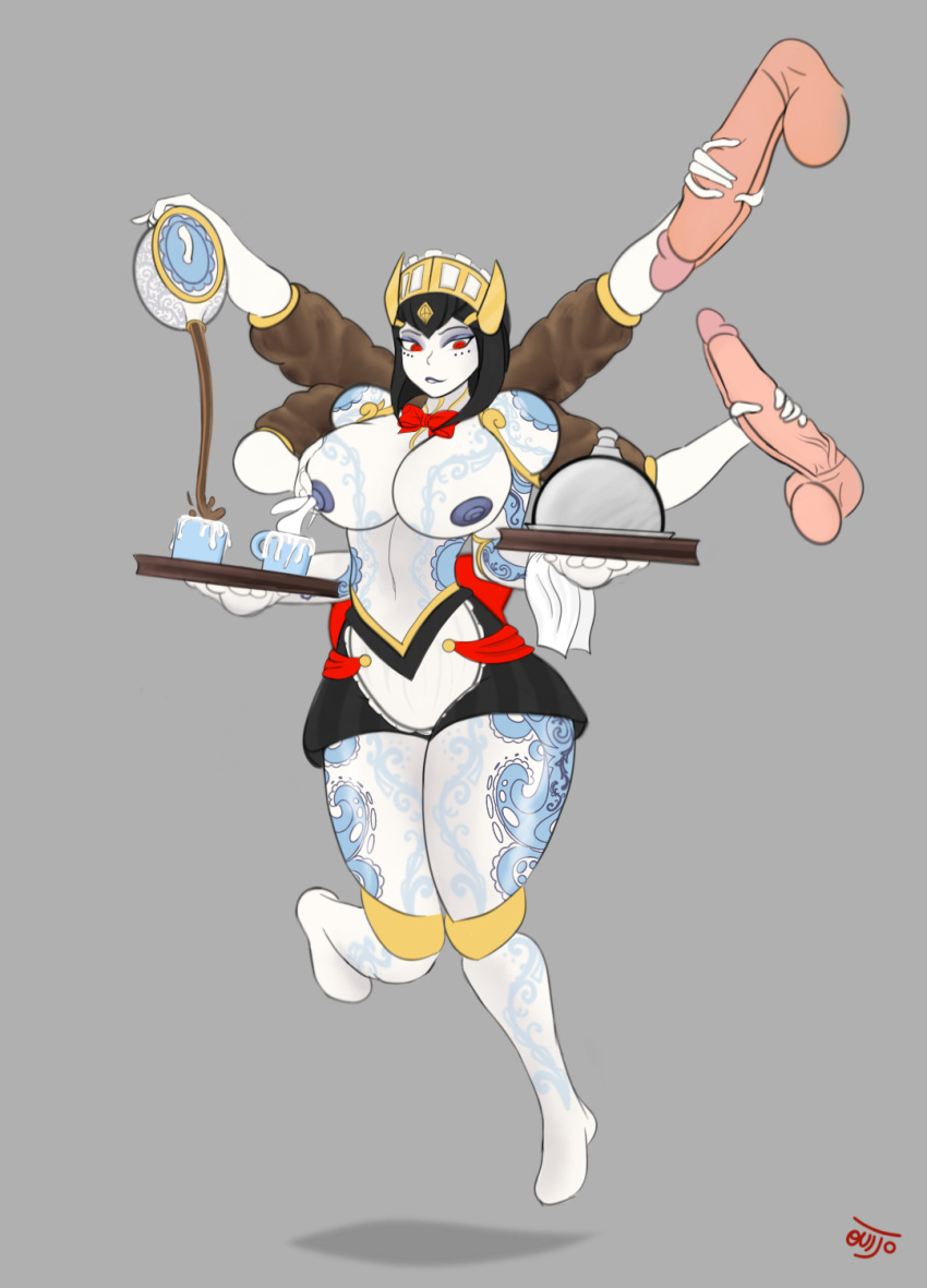 1girls 6_arms alternate_costume breast_grab breast_squeeze breasts deadly_dinner_discordia discordia_(smite) handjob lactation multitasking nipples penis quijo robot robot_girl robotic_arm smite thick_thighs