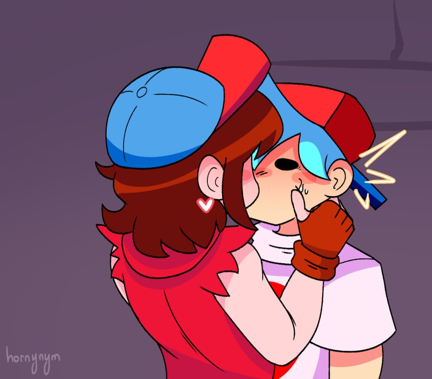 2boys ahoge auburn_hair backwards_hat baseball_cap baseball_hat black_eyes blush boyfriend_(friday_night_funkin) cyan_hair friday_night_funkin girlfriend_(friday_night_funkin) hornynym kissing male_girlfriend_(friday_night_funkin) male_only rule_63 shocked_expression sweat white_skin yaoi