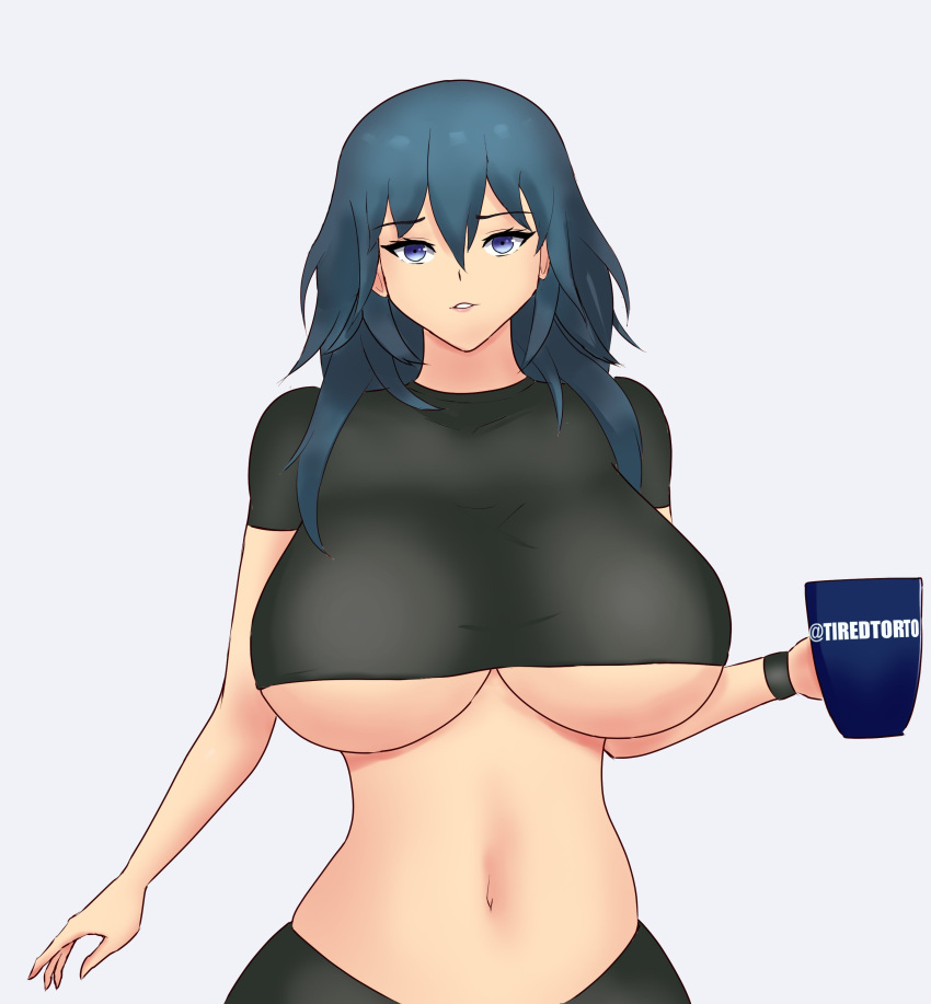 1girls artist_name bare_midriff blue_eyes breasts byleth_(fire_emblem) byleth_(fire_emblem)_(female) cup fire_emblem fire_emblem:_three_houses grey_background huge_breasts looking_at_viewer medium_hair midriff nintendo shirt solo teal_hair tiredtorto underboob