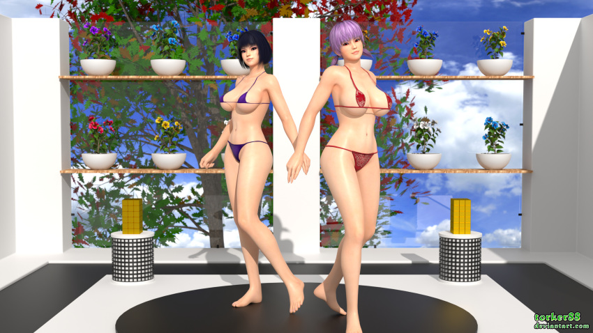 2girls 3d alternate_hairstyle ayane_(doa) barefoot bikini black_hair bob_cut boobs cleavage dead_or_alive g-string huge_breasts lingerie medium_hair nyotengu outdoors pigtails purple_bikini purple_hair red_lingerie short_hair sideboob thong thong_bikini torker88 underboob voluptuous