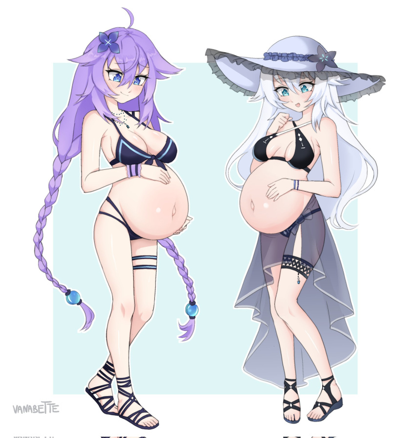 2girls big_breasts black_heart breasts cleavage female female_only hetero huge_belly large_breasts neptune_(neptunia) neptunia_(series) noire pregnant purple_heart_(neptunia) ready_to_pop straight vanabette