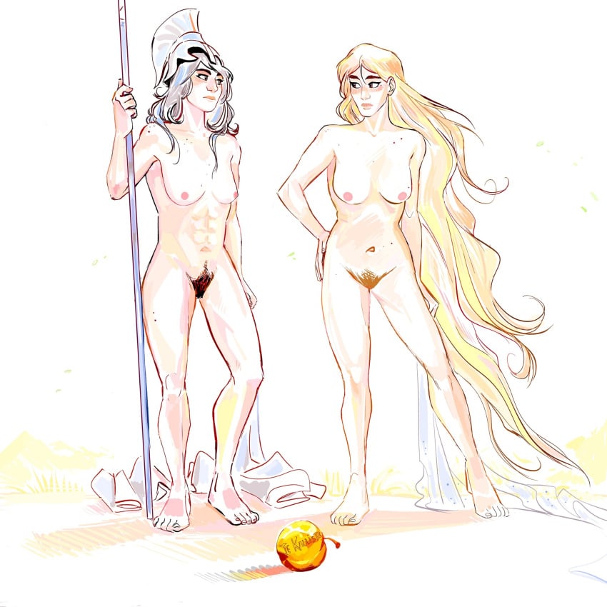 2girls abs aphrodite aphrodite_(greek_mythology) apple areolae athena athena_(greek_mythology) blonde_hair blonde_pubic_hair breasts brown_pubic_hair female female_focus female_only female_pubic_hair greek_mythology grey_hair human light-skinned_female light_skin long_hair looking_at_another looking_at_partner minerva multiple_girls nipples nude nude_female pale_skin pubic_hair pussy roman_mythology solo standing thereinaaah venus