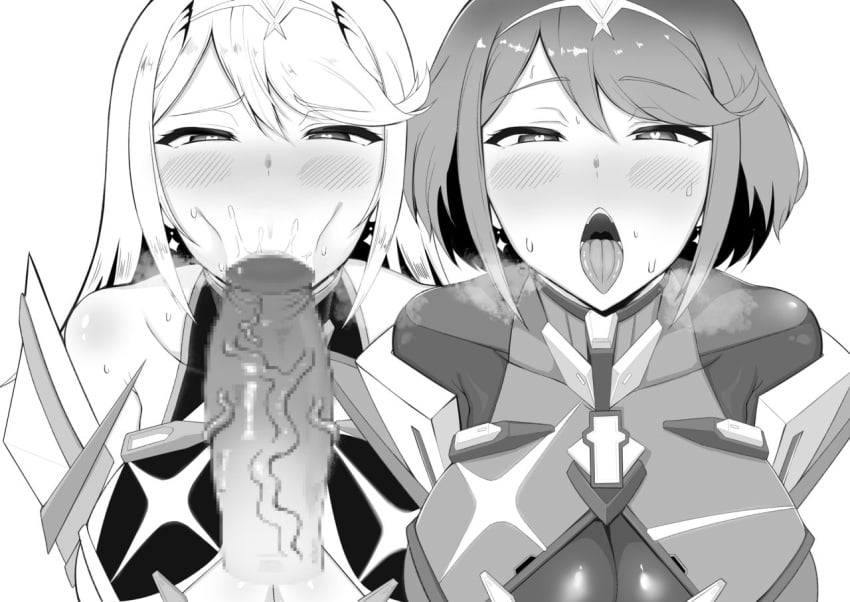 2girls :>= ahe_gao armor bangs black_and_white blowjob blowjob_face blush breasts breath_cloud core_crystal crystal earrings exposed_shoulders fellatio gatyo_5 gem hair_ornament heart heart-shaped_pupils huge_breasts jewelry large_penis long_hair looking_at_viewer monochrome mythra nintendo oral penis pyra saliva short_hair sweat sweatdrop swept_bangs tagme throat tiara tongue_out veiny_penis xenoblade_(series) xenoblade_chronicles_2