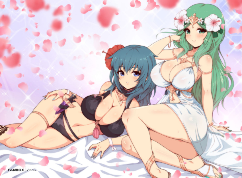 2girls alternate_costume ass bikini black_bikini black_swimsuit blue_eyes breasts byleth_(fire_emblem) byleth_(fire_emblem)_(female) byleth_(summer)_(fire_emblem)_(female) cleavage dress_swimsuit feet_out_of_frame female female_only fire_emblem fire_emblem:_three_houses fire_emblem_heroes flower green_eyes green_hair hair_flower hair_ornament hibiscus large_breasts long_hair lying multiple_girls navel nintendo official_alternate_costume on_side rhea_(fire_emblem) rhea_(summer)_(fire_emblem) sandals swimsuit thighlet virus-g white_bikini white_swimsuit