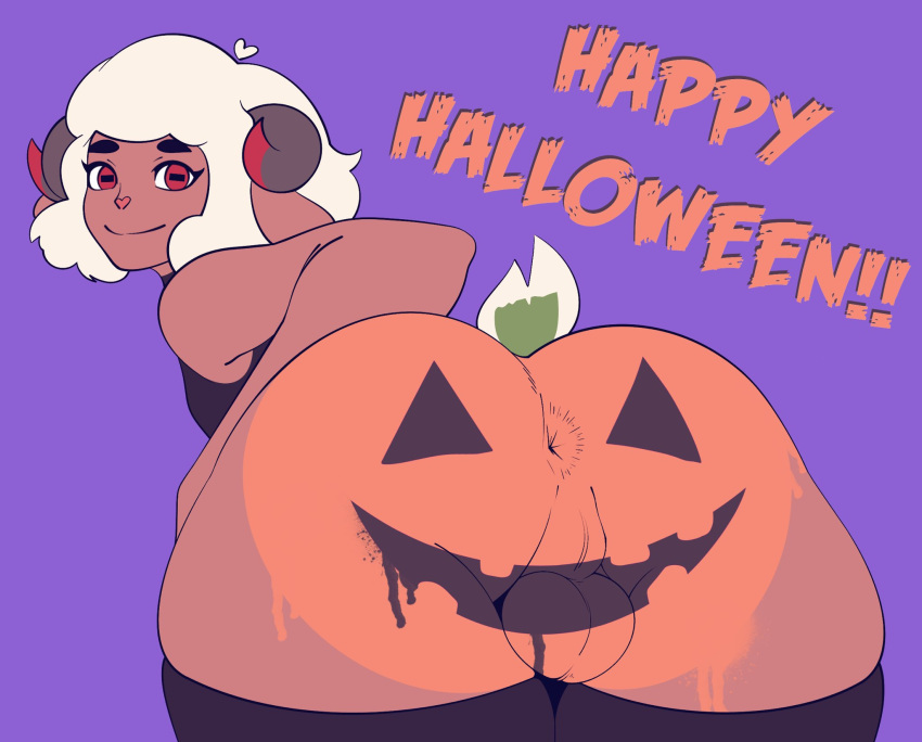 1boy anus ass balls bent_over bodypaint bro_aniki caprine dark-skinned_femboy dark_skin femboy from_behind halloween humanoid nude perineum presenting_hindquarters pumpkin_butt shane_(bro_aniki) sheep sheep_boy sheep_ears sheep_horns sheep_humanoid sheep_tail smile solo solo_male