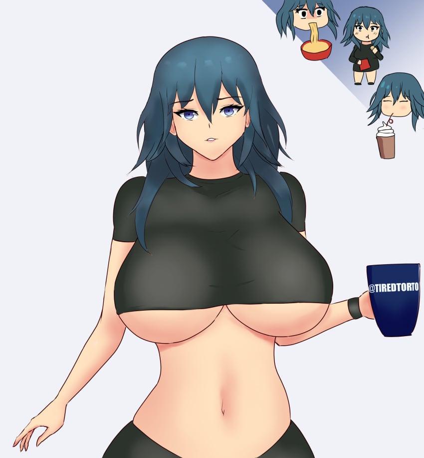 1girls blue_hair byleth_(fire_emblem) byleth_(fire_emblem)_(female) chibi clothing crop_top female fire_emblem fire_emblem:_three_houses huge_breasts mug nintendo purple_eyes tiredtorto