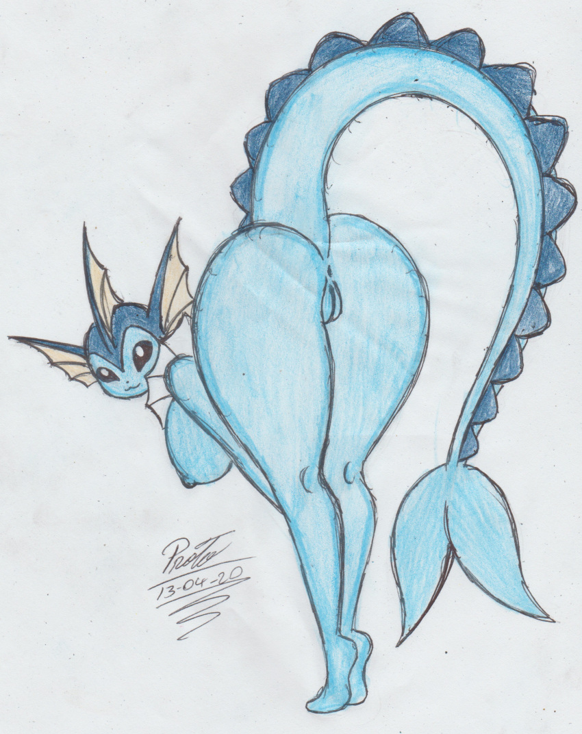 anthro anthro_only anus ass blue_ass breasts bubble_ass bubble_butt looking_at_viewer monster_girl nintendo pokemon proto23719395 pussy traditional_media traditional_media_(artwork) vaporeon