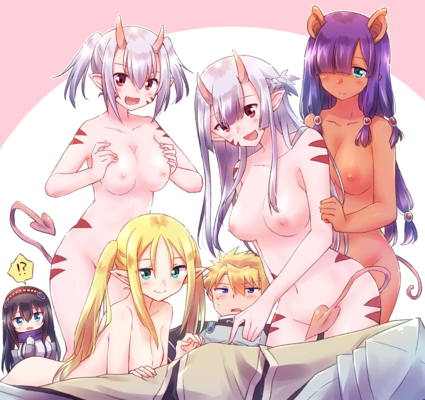 1boy 5girls blonde_hair breasts clothed_male_nude_female dark-skinned_female dark_skin elf elf_ears elf_female female green_eyes harem human_male light-skinned_female light-skinned_male light_skin lisa_alpacas luvelia_sanctos mimi_alpacas monster_girl multiple_girls oni oni_female oni_horns peter_grill_to_kenja_no_jikan pig_ears pig_tail piglette_pancetta pink-skinned_female pink_skin purple_hair red_eyes reverse_gangbang tagme tail vegan_eldriel