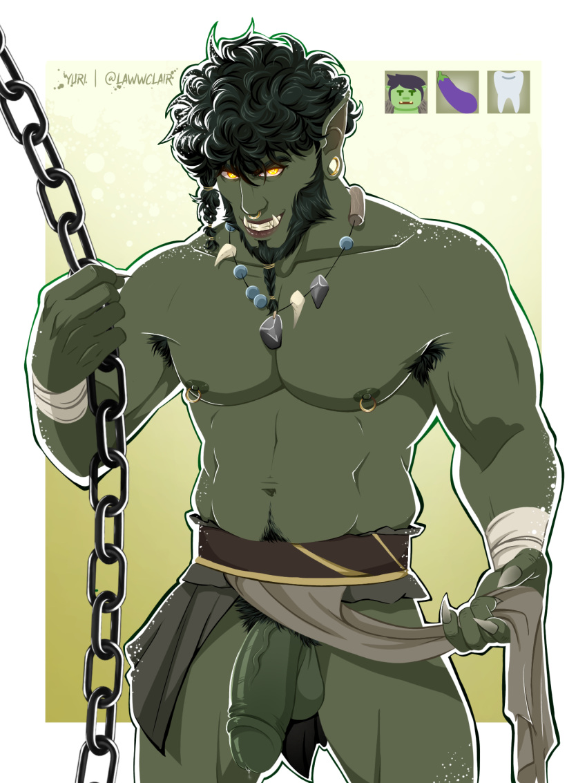 1male belly big_penis chain chains curly_hair green_body green_penis green_skin lawwclair male male_only metal_chain orc orc_humanoid orc_male solo solo_male teeth teeth_showing thick_penis thong_aside yellow_eyes