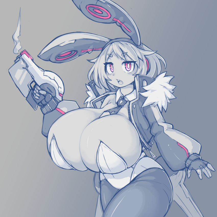 big_breasts bunny_ears bunny_girl bunnysuit demon demon_girl disgaea disgaea_5 disgaea_rpg fingerless_gloves fur_collar future_usalia gun headgear holding_object holding_weapon jacket kittenboogers nippon_ichi_software pink_eyes smoke thighs tie usalia_(disgaea) weapon