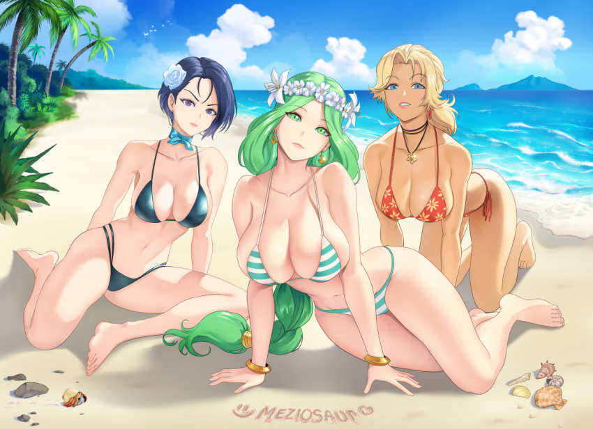 3girls all_fours alternate_costume alternate_hairstyle artist_name bangle bare_arms bare_legs bare_midriff bare_shoulders bare_thighs beach belly bent_forward bent_over bikini black_bikini black_swimsuit blonde_hair blue_bikini blue_eyes blue_sky blue_swimsuit braid braided_ponytail breasts catherine_(fire_emblem) child_bearing_hips cleavage confident curvaceous curvy curvy_female curvy_figure earrings female female_only fire_emblem fire_emblem:_three_houses fit fit_female floral_pattern floral_print flower flower_crown flower_in_hair green_bikini green_eyes green_hair green_swimsuit hair_flower hands_on_ground head_tilt huge_breasts human human_only kneeling large_breasts legs light-skinned_female light_skin long_hair long_legs looking_at_viewer mature mature_female meziosaur midriff milf modeling moize_opel multiple_girls navel nintendo ocean on_all_fours on_hands_and_knees ponytail pose posing purple_eyes purple_hair red_bikini red_swimsuit rhea_(fire_emblem) sand sea seaside seductive seductive_look seductive_smile shamir_nevrand shell short_hair side-tie_bikini side-tie_bottom sideboob skimpy skimpy_bikini soft soft_breasts stomach swimsuit tan-skinned_female tan_skin thighs water white_bikini white_swimsuit wide_hips