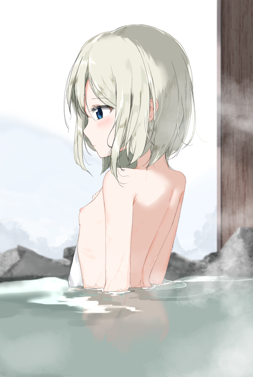 bangs blue_eyes blush breasts closed_mouth commentary_request covering eyebrows_visible_through_hair female female from_side grey_hair hair_between_eyes highres looking_away nipples nude_cover onsen original partially_submerged profile short_hair small_breasts solo steam upper_body zagashira