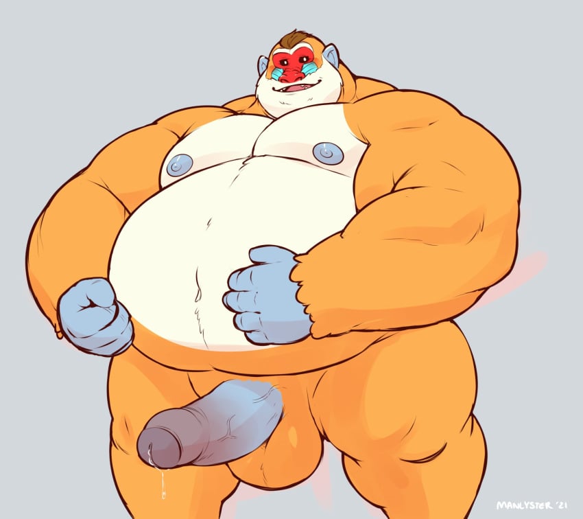 animal_crossing anthro balls belly big_belly bodily_fluids boone_(animal_crossing) erection fur genital_fluids genitals haplorhine hi_res male mammal mandrill manlyster monkey moobs nintendo nipples nude old_world_monkey overweight overweight_anthro overweight_male penis precum primate solo video_games