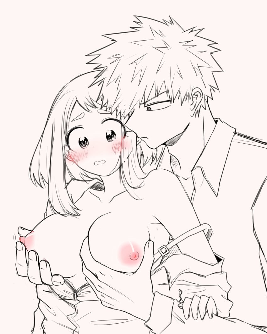 1boy 1boy1girl 1girls blush blushing breasts female fondling fondling_breast grchloex groping_from_behind holding_breast katsuki_bakugou male my_hero_academia nipple_play nipples ochako_uraraka pink_nipples spiky_hair straight