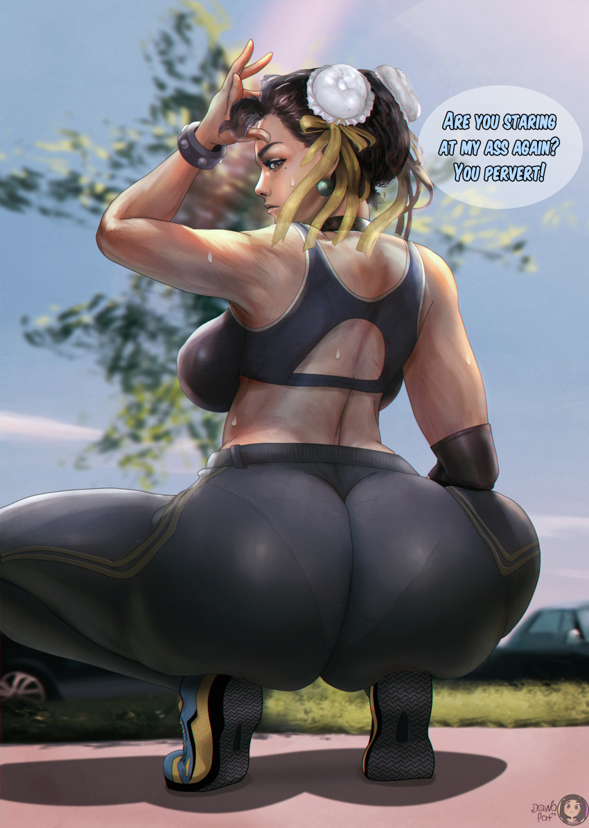 1girls ass back backboob big_ass big_breasts big_butt breasts brown_hair capcom chun-li dat_ass dawa_pat double_bun english_text eye_contact female large_ass leggings looking_at_viewer looking_back sideboob speech_bubble sports_bra squatting street_fighter sweat text thick_ass thick_thighs thighs