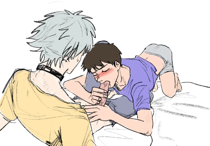 2boys ass bed big_penis blowjob blush clothing fully_clothed gay gay_sex kaworu_nagisa male male_only neon_genesis_evangelion oral penis shinji_ikari tagme yaoi