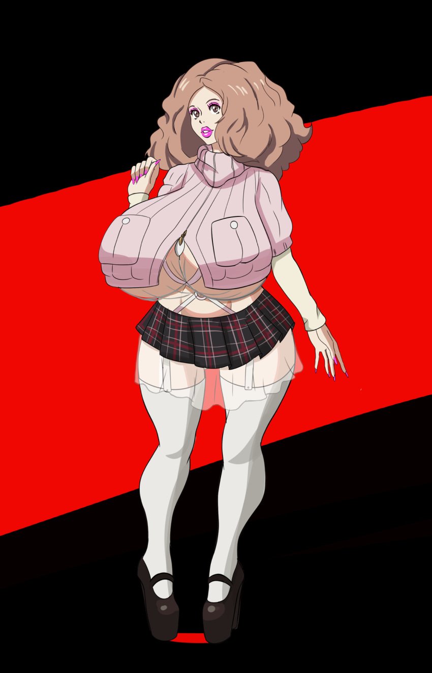 1girls 2021 annon big_breasts bimbo breast_pocket breasts brown_hair clothing enormous_breasts female female_only fluffy_hair garter_belt haru_okumura high_heels huge_breasts looking_at_viewer miniskirt persona persona_5 pink_eyeshadow pink_lipstick pink_nails platform_heels see-through_clothing shujin_uniform solo sweater thighhighs white_skin