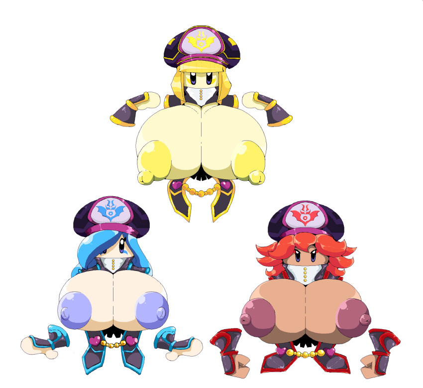 3girls blonde_hair bob_cut breasts breasts_bigger_than_head breasts_out breasts_out_of_clothes flamberge_(kirby) francisca_(kirby) gigantic_breasts kirby_(series) kirby_star_allies nintendo subjectdie_(artist) the_three_mage_sisters zan_partizanne