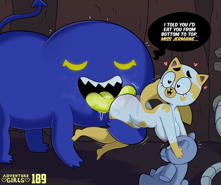 1girls adventure_girls adventure_time areolae ass ass_licking breasts cake_the_cat cat demon english_text feline feline_humanoid female fur furry heart heart-shaped_pupils highres jermaine_(adventure_time) nipples somescrub text thick_thighs