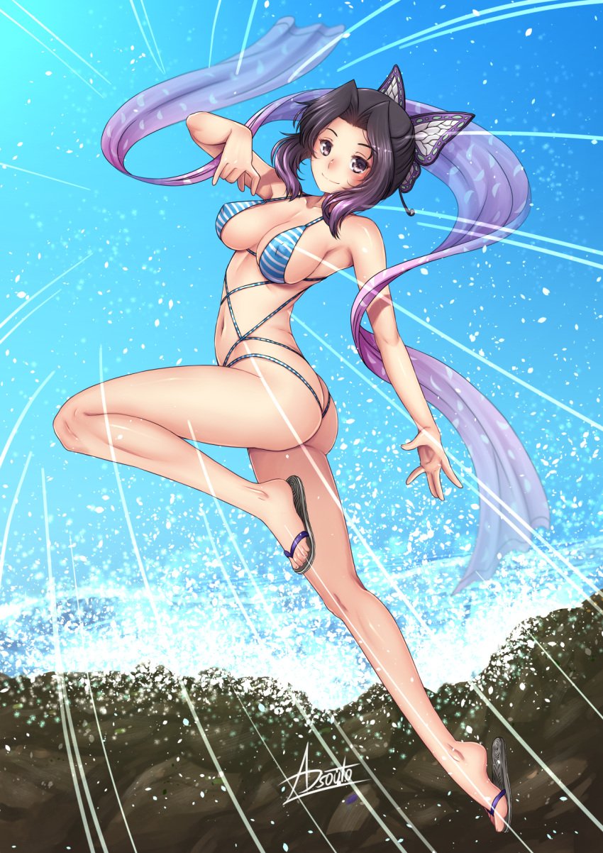 adsouto alternate_costume bikini black_hair butterfly_hair_ornament cleavage demon_slayer female female_only full_body kimetsu_no_yaiba kochou_shinobu looking_at_viewer nipple_bulge outside purple_eyes revealing_clothes sandals scarf sideboob skimpy_clothes smile solo striped_bikini stripes swimsuit two_tone_hair