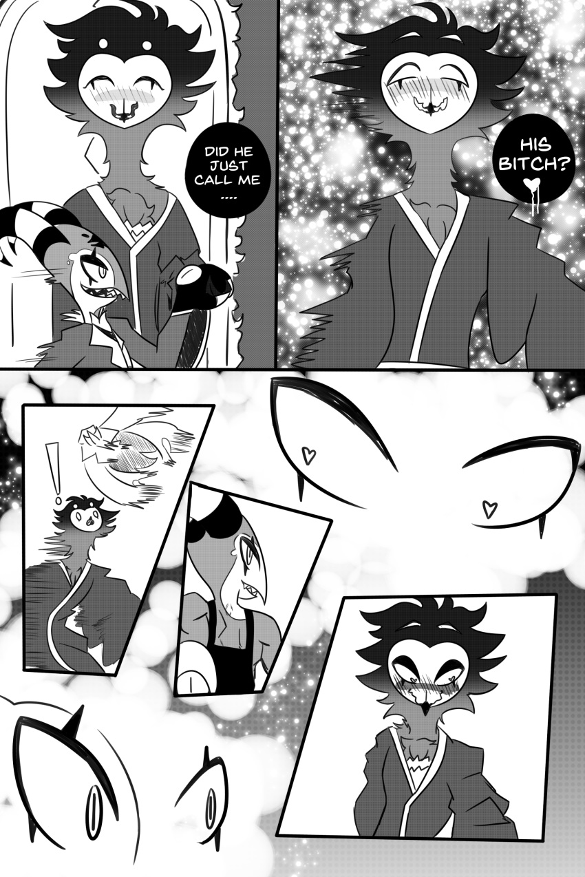 <3_eyes absurd_res avian bird black_and_white blitzo_(helluva_boss) blush clothing comic door duo fluffy fluffy_chest heart helluva_boss hi_res imp leponsart male male/male monochrome owl owl_demon simple_background stolas_(helluva_boss) undressing