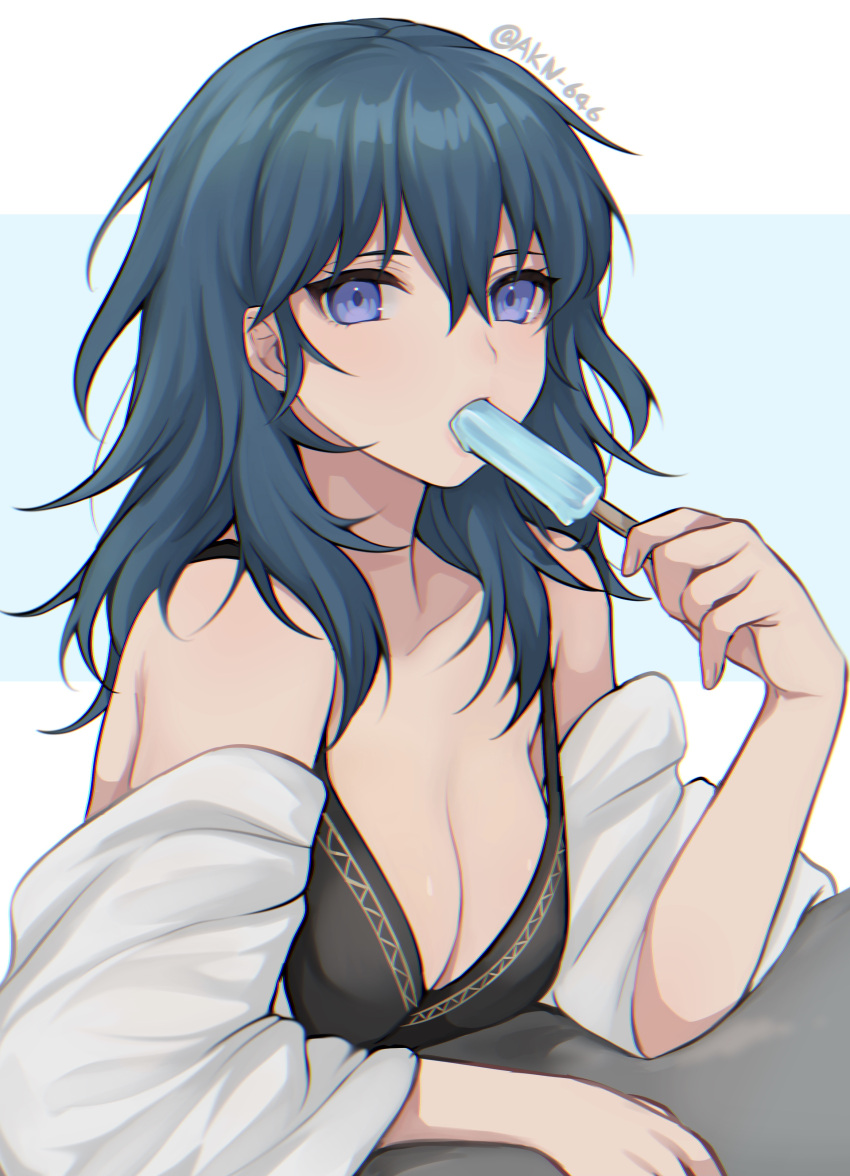 1girls absurd_res bangs black_bra blue_eyes blue_hair blue_popsicle bra byleth_(fire_emblem) byleth_(fire_emblem)_(female) cleavage eating female fire_emblem fire_emblem:_three_houses food food_in_mouth hand_up highres holding holding_food holding_object holding_popsicle large_breasts melting_popsicle nintendo off_shoulder popsicle popsicle_in_mouth shimizu_akina teal_hair upper_body