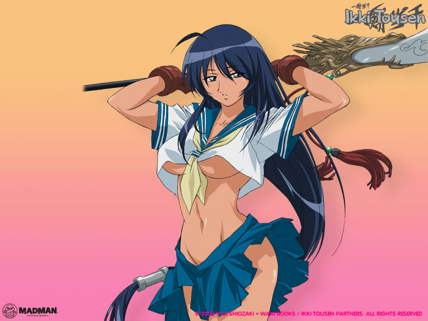 1girls 2003 arms_up big_breasts blue_hair breasts busty child_bearing_hips dark-skinned_female dark_skin female female_only green_eyes ikkitousen j.c._staff kanu_unchou large_breasts midriff navel no_bra no_panties official_art pink_background school_uniform schoolgirl spear thick_thighs underboob very_long_hair voluptuous weapon wide_hips yellow_background yuji_shiozaki