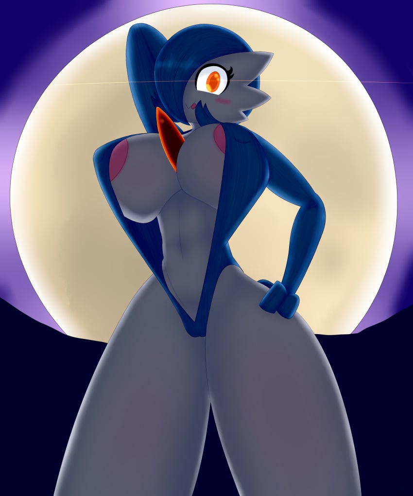 1girls areola_slip areolae arm_behind_head blue_hair blush breasts dannyiac female game_freak gardevoir leotard looking_at_viewer lucy_(jcdr) night nintendo orange_eyes pokémon_(species) pokemon pokemon_(species) smile tongue_out