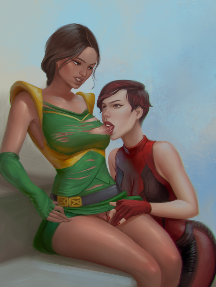 2d 2girls exposed_breasts exposed_nipples fingering fingerless_gloves jade_(mortal_kombat) mortal_kombat multiple_girls nipple_licking pussy skarlet tixnen torn_clothes upskirt yuri