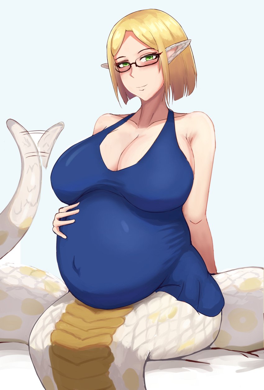 1girls big_breasts botsu breasts female female_only glasses huge_belly lamia large_breasts looking_at_viewer pregnant ready_to_pop