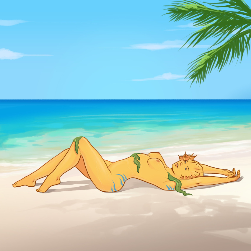 1girls beach blue_eyes fins fish_girl kaya_(numitor) lying lying_on_back nipples numitor ocean on_back on_floor on_ground sand small_breasts solo yellow_skin