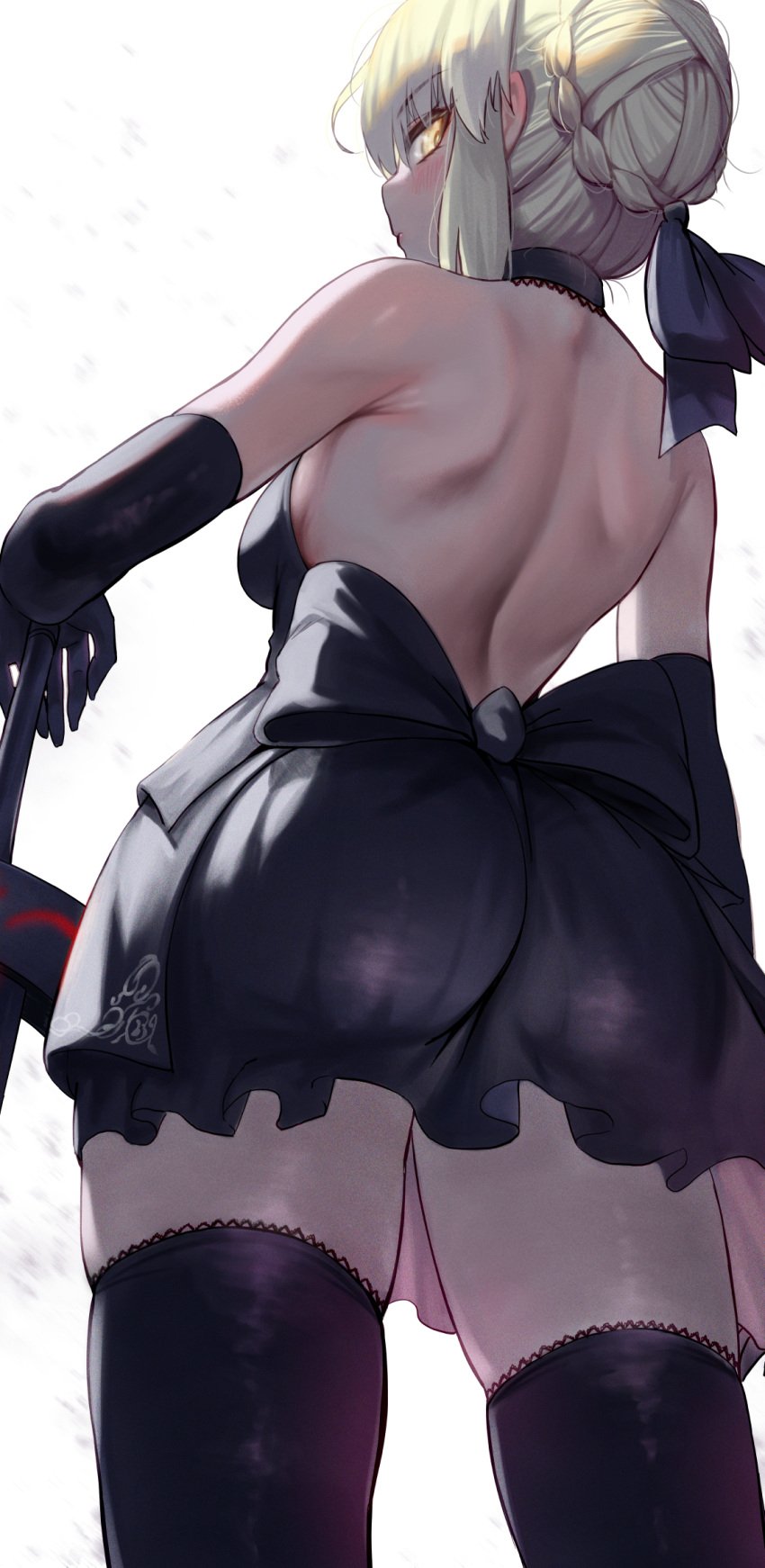 1girls 2021 artoria_pendragon artoria_pendragon_(alter) ass back back_view backless_dress backless_outfit big_ass black_dress blonde_hair dress fate/grand_order fate/stay_night fate_(series) female female_focus female_only hi_res large_ass looking_at_viewer low-angle_view medium_hair pale-skinned_female pale_skin posing_with_weapon short_dress simple_background sword thick_thighs thighhighs thighs tight_clothing torriet upshot weapon yellow_eyes