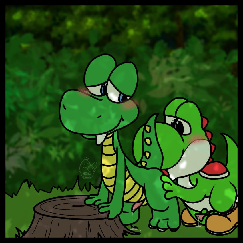 1:1 anal anthro blush bodily_fluids croc croc:_legend_of_the_gobbos croc_(character) cum digital_media_(artwork) dinosaur duo erection feral genital_fluids genitals half-closed_eyes hi_res male male/male mario_(series) masturbation muffinlewds narrowed_eyes nintendo oral outside penis raised_tail reptile rimming scalie sex smile tongue video_games yoshi