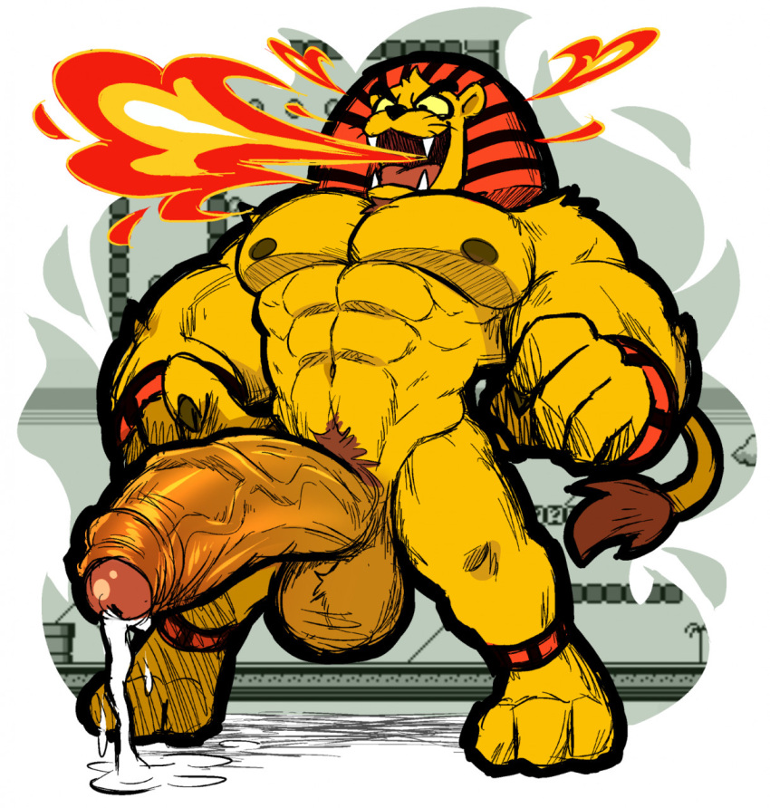 big_pecs big_penis breathing_fire dripping dripping_precum feline fire furry hexdisciple huge_cock hyper king_totomesu lion mario_(series) muscles muscular muscular_male nintendo precum super_mario_land tail tail_tuft