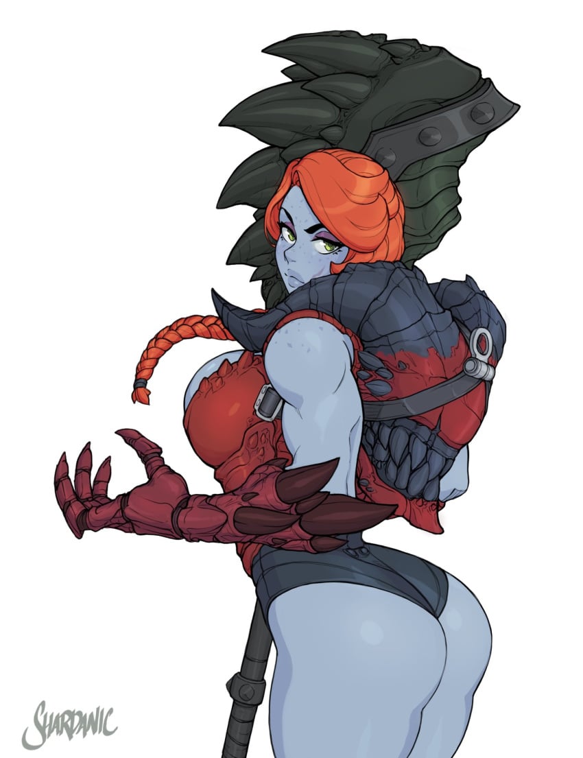 1girls 2021 alien alien_girl alien_only ass ass_focus bare_thighs big_breasts blue_skin female green_eyes guardians_of_the_galaxy guardians_of_the_galaxy_(game) lady_hellbender looking_at_viewer marvel marvel_comics red_hair shardanic solo solo_female thick thick_ass thick_thighs