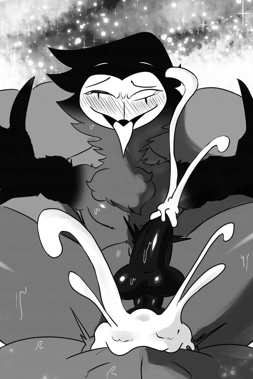 absurd_res ahe_gao avian bird black_and_white blitzo_(helluva_boss) blush bodily_fluids cum cum_inside duo excessive_cum first_person_view fluffy_chest genital_fluids helluva_boss hi_res imp leponsart looking_at_viewer looking_pleasured male male/male monochrome no_humans owl owl_demon simple_background star stolas_(helluva_boss) tongue tongue_out