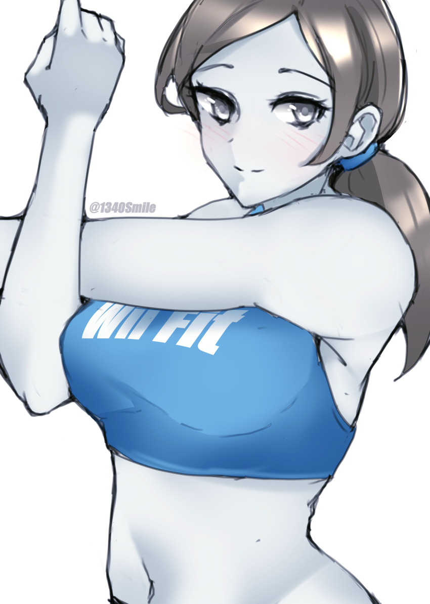 1340smile 1girls artist_name breasts grey_eyes grey_hair large_breasts looking_at_viewer medium_hair nintendo ponytail smile solo sports_bra super_smash_bros. tank_top upper_body white_background white_skin wii_fit wii_fit_trainer