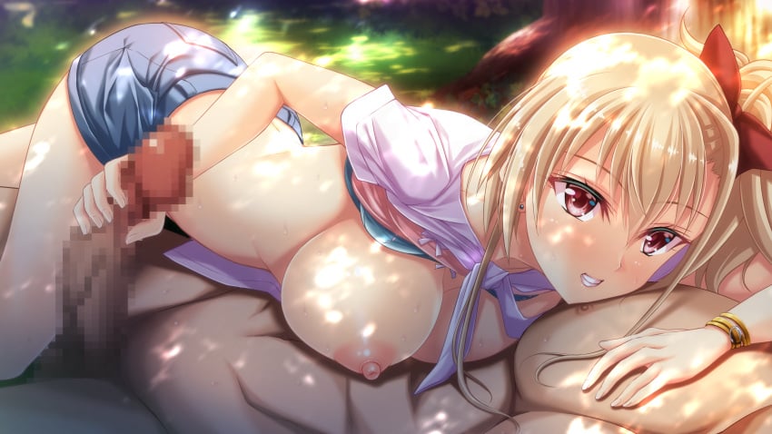 1boy 1girls akatsuki_hijiri bangs blonde_hair blue_bra blue_shorts blush bow bra bra_lift bracelet breast_press breasts censored clothed_female_nude_male clothes_lift cowgirl_position dappled_sunlight day denim denim_shorts eyebrows_visible_through_hair faceless_male female female_focus game_cg grin hair_between_eyes hairbow handjob harame_~seishi_o_hoshigaru_midara_na_oshiego~ highres jewelry large_breasts long_hair mosaic_censoring nipples nude official_art outdoors penis red_bow red_eyes shiny shiny_hair shirt shirt_lift short_shorts short_sleeves shorts side_ponytail smile sunlight tsukimori_yumeno underwear white_shirt