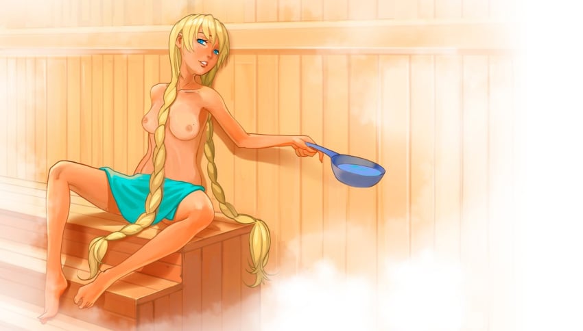 1girls areolae blonde_hair blue_eyes breasts color colored drsmolev everlasting_summer female female_only long_hair looking_at_viewer nipples sauna sitting slavya_(everlasting_summer) solo solo_female spread_legs steam tagme towel towel_only